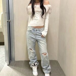 Light Wash Distressed Straight Jeans